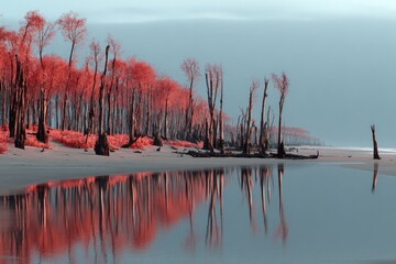 Pink Trees Reflecting On Coastal Landscape