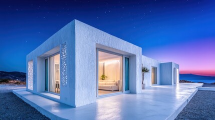 Modern White Rooftop House At Sunset