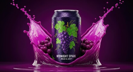Midnight Spark purple grape soda can with dynamic splash and juicy grapes