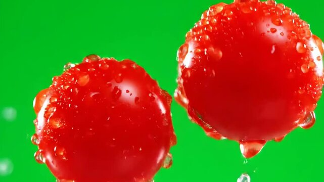 Dynamic Visuals of Glossy Red Bubbles in Motion Against a Vivid Green Background, Highlighting the Interaction of Light and Surface Texture