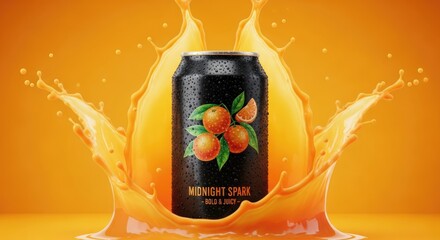 Vibrant orange soda can with splash and dynamic background