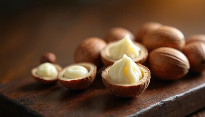 Creamy shea butter filled in cracked nuts sits on dark wood. Rich natural cosmetic ingredient with smooth texture. Deep macro shot emphasizes luxurious product details.
