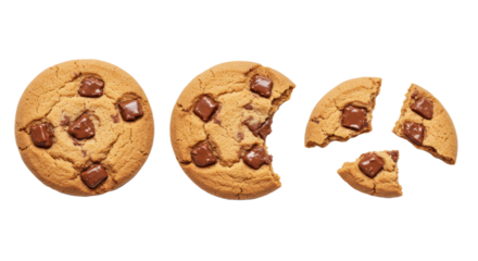 Gourmet chocolate chip cookies, golden-brown with dark chocolate chunks, showing consumption progression from whole to crumbs on a transparent background. Story of delicious indulgence
