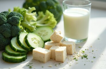Healthy vegan meal components. Fresh broccoli florets, sliced cucumber, and cubed tofu sit near a glass of milk. Nutritious food arranged for a light, clean diet.