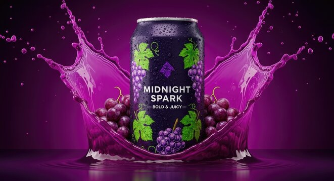 Vibrant purple soda can with grape design and splash