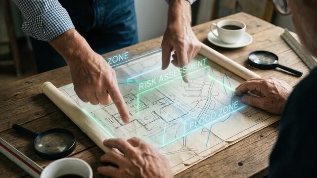 legal justice risk management concept. Collaborative map analysis session with hands and tools on a wooden table.