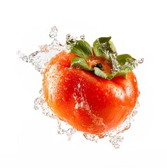 A ripe persimmon surrounded by a dynamic water splash, highlighting its glossy orange skin, fresh green calyx, and juicy texture.