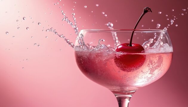 A bright red cherry drops into a glass filled with pink bubbly drink. Water splashes rise from the impact creating a refreshing motion. This cool beverage looks perfect for summer parties.