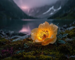 Illuminated Yellow Flower By Mountain Lake