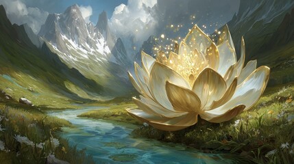 Golden Lotus Flower In Mountain Valley Landscape