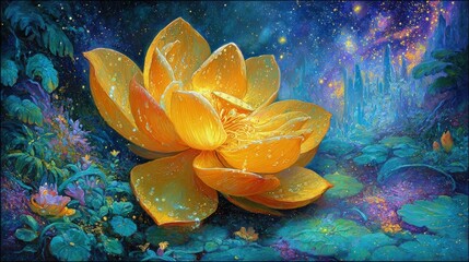Golden Glowing Lotus Flower In Magical Garden