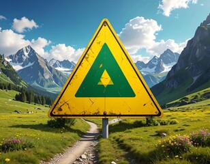 Large yellow triangular sign, green emblem, mountain landscape backdrop
