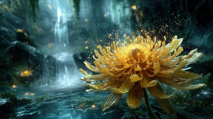 Glowing Golden Flower By Waterfall In Fantasy Forest