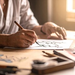 Person sketching at a wooden desk, light filtering in, detail focus on hands