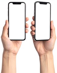 Two phones held upright with blank screens, against white background