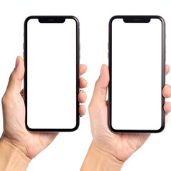 Two smartphones with blank screens held by hands against a white background