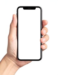 A hand holding a black smartphone with a blank white screen, isolated
