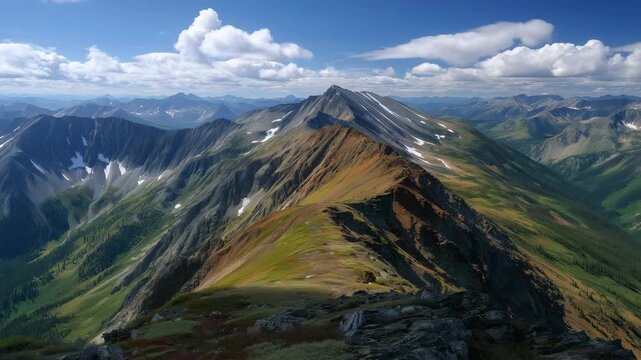 夏の名残雪が点在する山稜を望む雄大なパノラマ景観