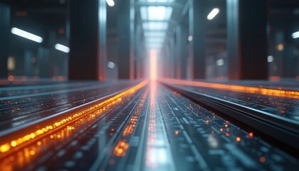 Abstract futuristic digital data stream flows through server racks in dark modern tech facility. Orange glowing lines run on circuit board pathways. Vertical light beam pierces through server hall.