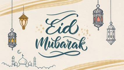 Eid Mubarak Greeting with Hand-Drawn Lanterns and Mosque Silhouette, Spiritual Celebration, Islamic Festive Design, Sacred Night Scene, AI Generated