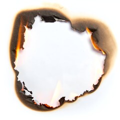 Circular hole in paper with charred edges and visible flames