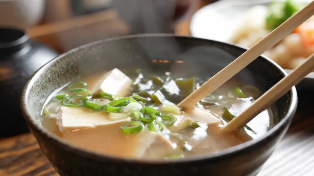 Close up view of japanese miso soup with tofu and seaweed in a bowl