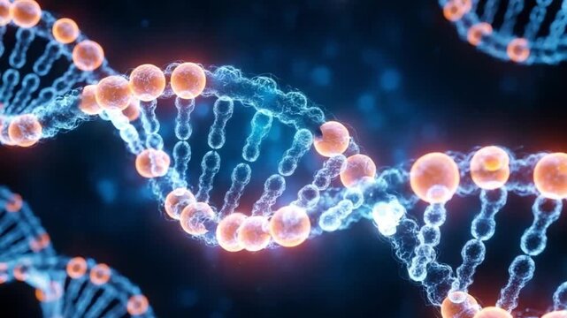 Glowing orange and blue dna double helix structure on dark background with bokeh effect