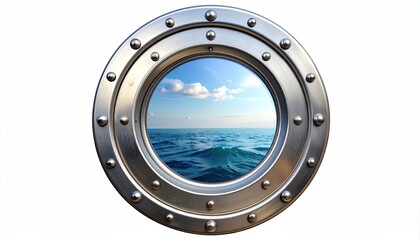 Metal porthole framing ocean scene, blue sky with fluffy clouds