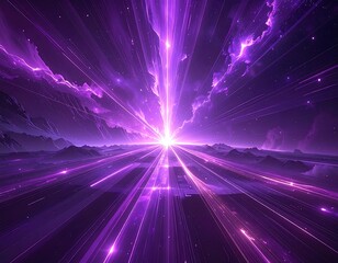 Purple cosmic landscape with a brilliant light bursting from horizon