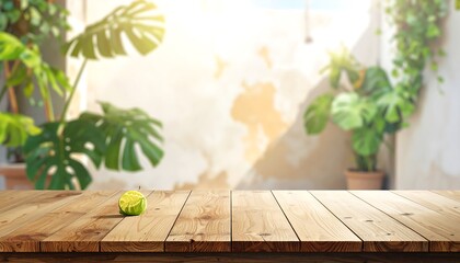 Wooden table foreground with a single citrus fruit, soft light shines on a blurred background of green foliage