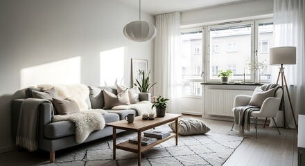 Fototapeta premium Bright and Cozy Living Room with Modern Scandinavian Interior Design.