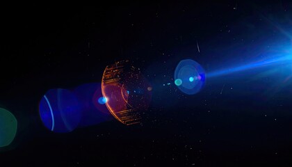 Futuristic, geometric shapes with light effects against a dark backdrop