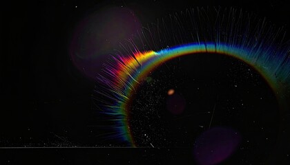 Dark orb with rainbow fringe and lens flare against black