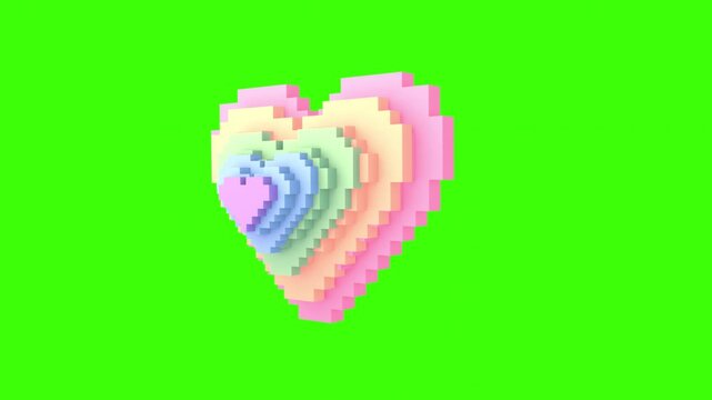 3D rotating voxel rainbow heart object on green screen animation. (loop)