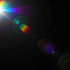 Bright light flare with colorful spectral streaks, dark background