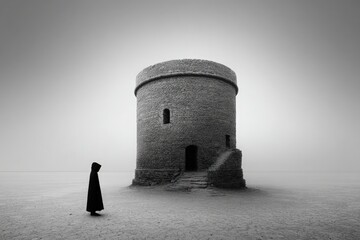 Gray Scale Tower In A Misty Desert
