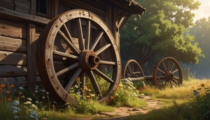 Wooden wagon wheels lean against a weathered wooden structure in a sunlit outdoor scene, wildflowers in foreground