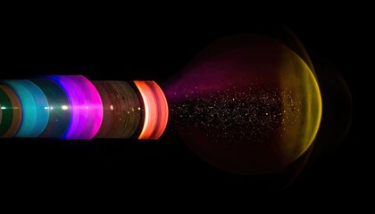 Abstract depiction of light emissions, rings, and an exploded sphere