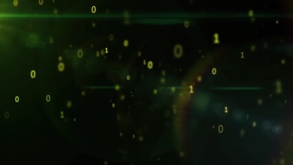 Digital binary data flowing through a dark background