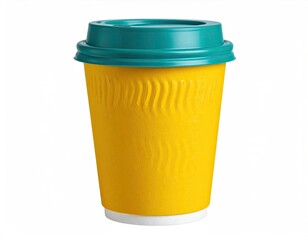 A yellow takeaway cup with a teal lid, isolated on white
