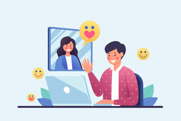 A joyful virtual connection man video chatting with a woman on laptop