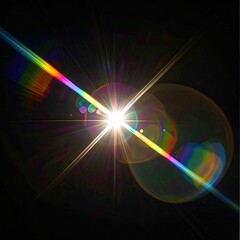 Bright, radiant white light bursts with rainbow lens flares against black