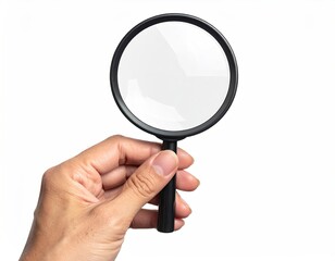 A hand holds a magnifying glass against a stark white backdrop
