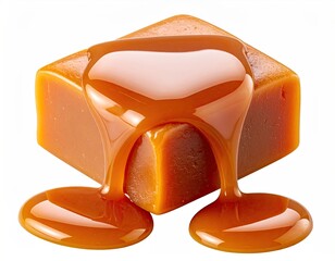 Close-up of a caramel cube with a glossy, flowing caramel drizzle