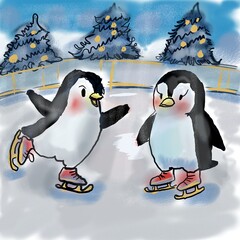 Cute Pinguin in ice rink, Cartoon illustration for postcard