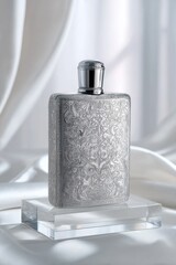 Elegant Silver Glitter Perfume Bottle On White Silk