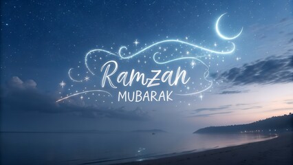 Ramzan Mubarak Greeting Under a Serene Starry Night Sky, Spiritual Celebration, Islamic Festive Design, Sacred Evening Scene, AI Generated