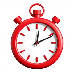 Red stopwatch with black hands, white face, isolated on white