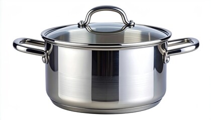 Shiny, stainless steel pot with glass lid and loop handles