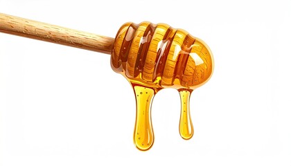 Close-up of honey dipper with cascading golden liquid